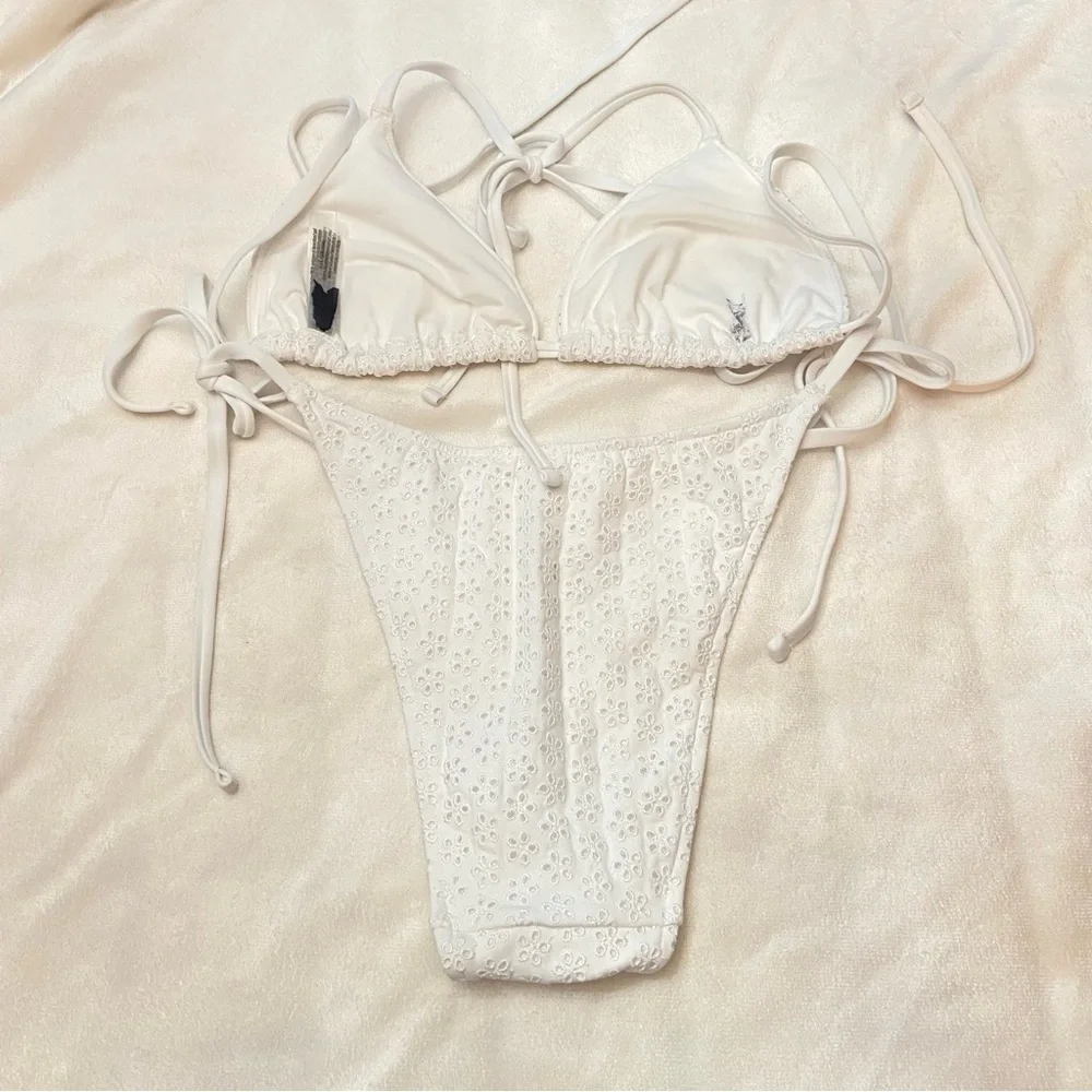 New! Frankie's Bikinis x PINK White eyelet string Bikini 3992